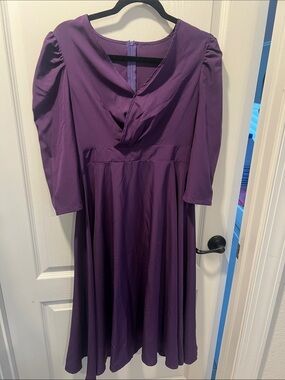 SHEIN Purple Midi Dress with Puff Shoulders